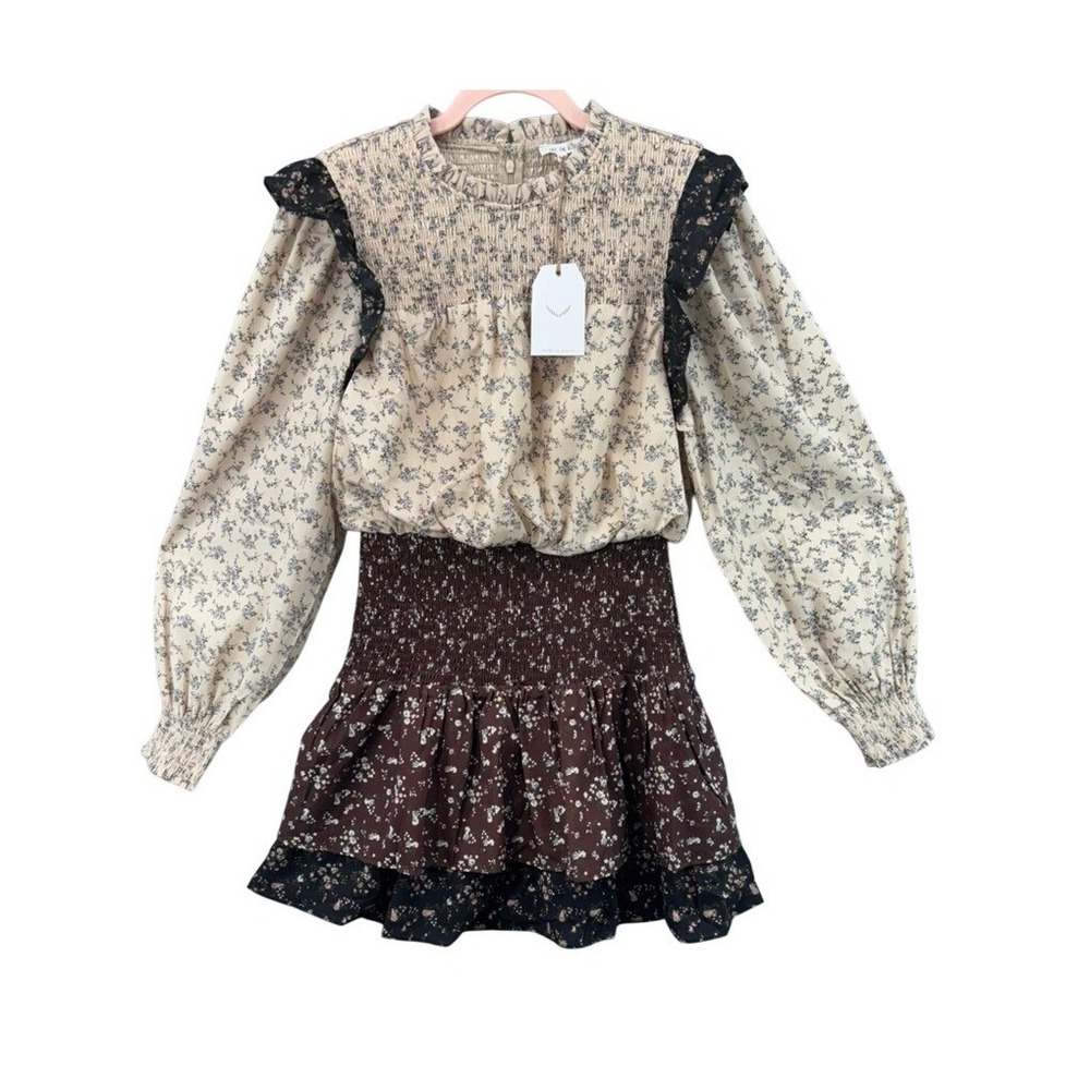 NWT Free The Roses Anthropology Mini Dress Womens Sz M Brown Cream Festival Boho